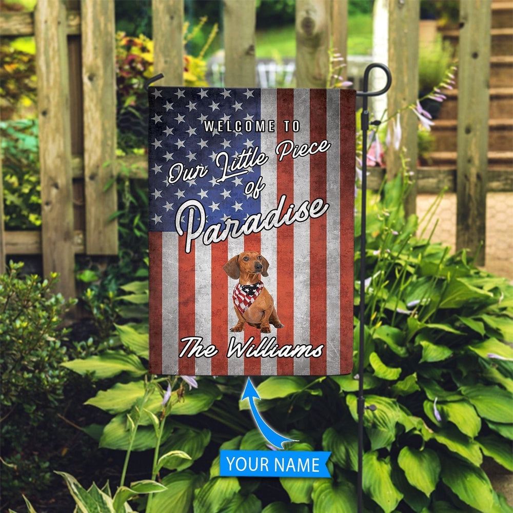 Personalized Dog Flags, Dachshund Smiling Welcome To Our Paradise Flag, Dog Flags Outdoor, Garden Flags Dogs, Dog House Flags