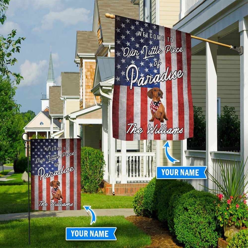 Personalized Dog Flags, Dachshund Smiling Welcome To Our Paradise Flag, Dog Flags Outdoor, Garden Flags Dogs, Dog House Flags