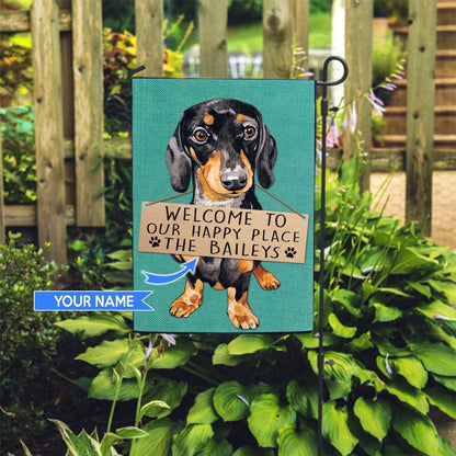 Personalized Dog Flags, Dachshund Welcome To Our Happy Place Flag, Custom Dog Garden Flags, Dog Flags Outdoor, Garden Flags Dogs, Dog House Flags