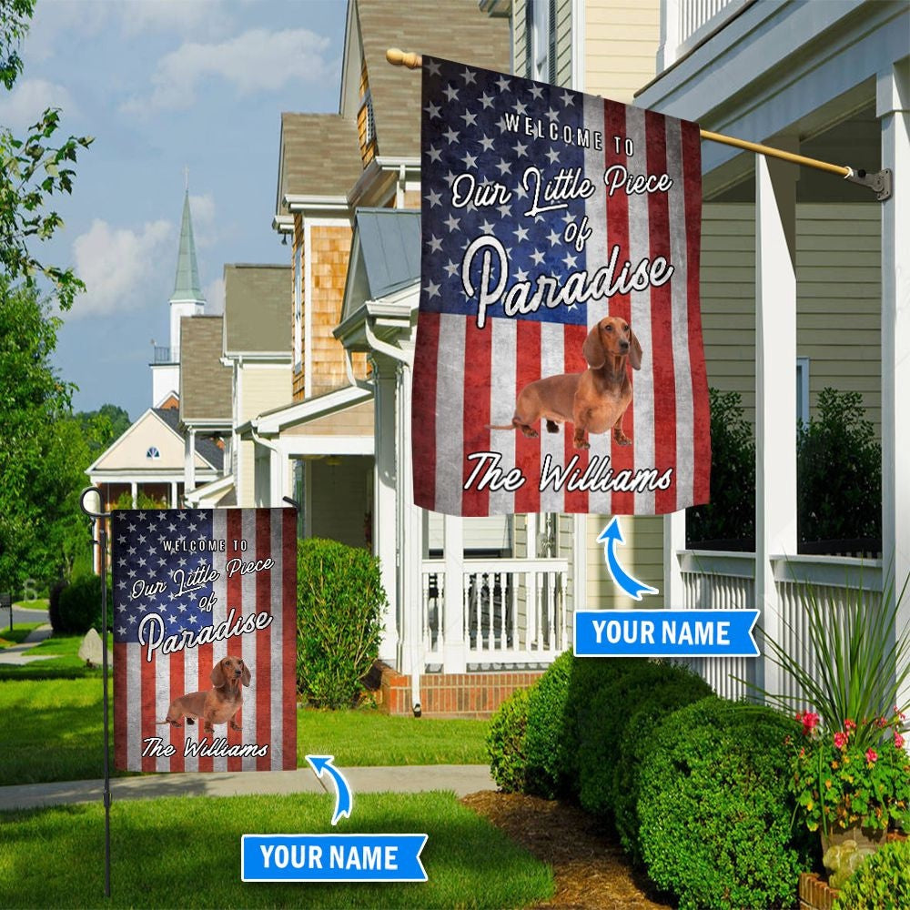 Personalized Dog Flags, Dachshund Welcome To Our Paradise Flag, Dog Flags Outdoor, Garden Flags Dogs, Dog House Flags