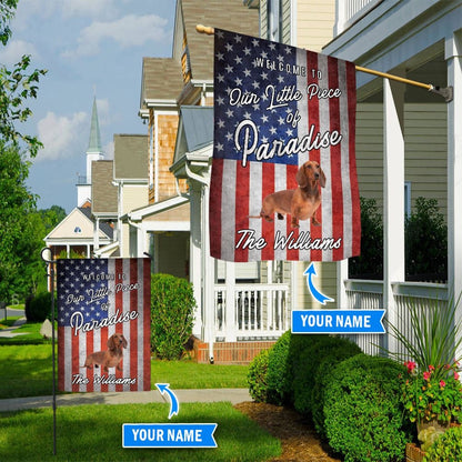 Personalized Dog Flags, Dachshund Welcome To Our Paradise Flag, Dog Flags Outdoor, Garden Flags Dogs, Dog House Flags