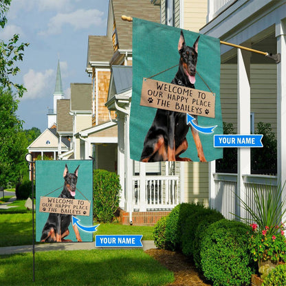 Personalized Dog Flags, Doberman-Welcome To Our Happy Place Flag, Custom Dog Garden Flags, Dog Flags Outdoor, Garden Flags Dogs, Dog House Flags