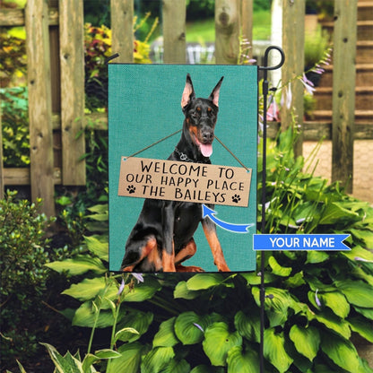 Personalized Dog Flags, Doberman-Welcome To Our Happy Place Flag, Custom Dog Garden Flags, Dog Flags Outdoor, Garden Flags Dogs, Dog House Flags