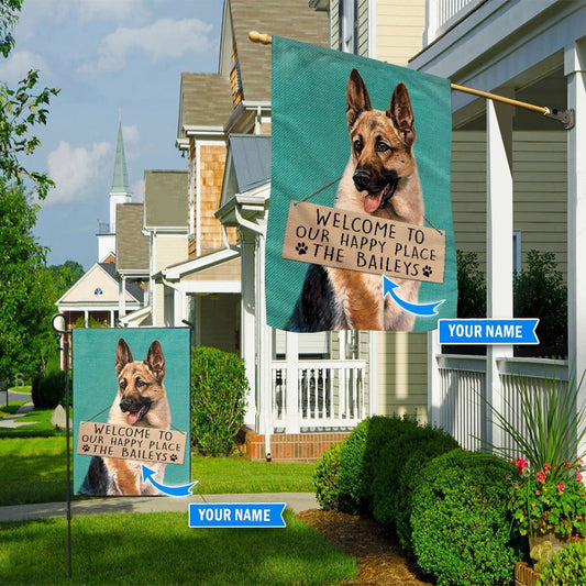 Personalized Dog Flags, German Shepherd Welcome To Our Happy Place Flag, Custom Dog Garden Flags, Dog Flags Outdoor, Dog House Flags