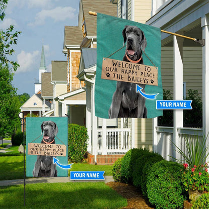 Personalized Dog Flags, Great Dane Welcome To Our Happy Place Flag, Custom Dog Garden Flags, Dog Flags Outdoor, Garden Flags Dogs, Dog House Flags