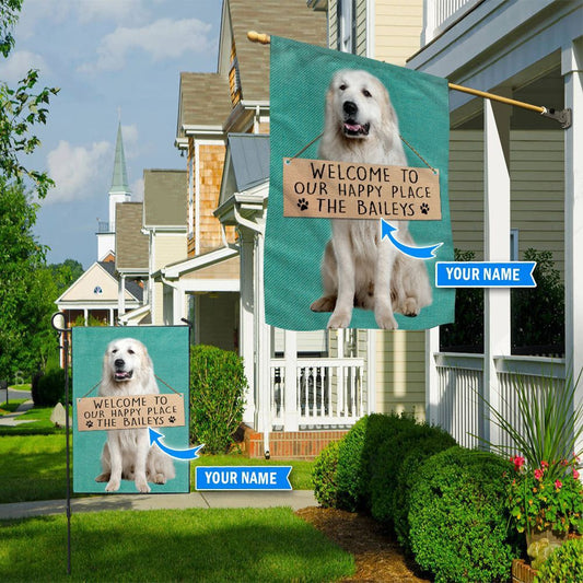 Personalized Dog Flags, Great Pyrenees-Welcome To Our Happy Place Flag, Custom Dog Garden Flags, Dog Flags Outdoor, Garden Flags Dogs, Dog House Flags