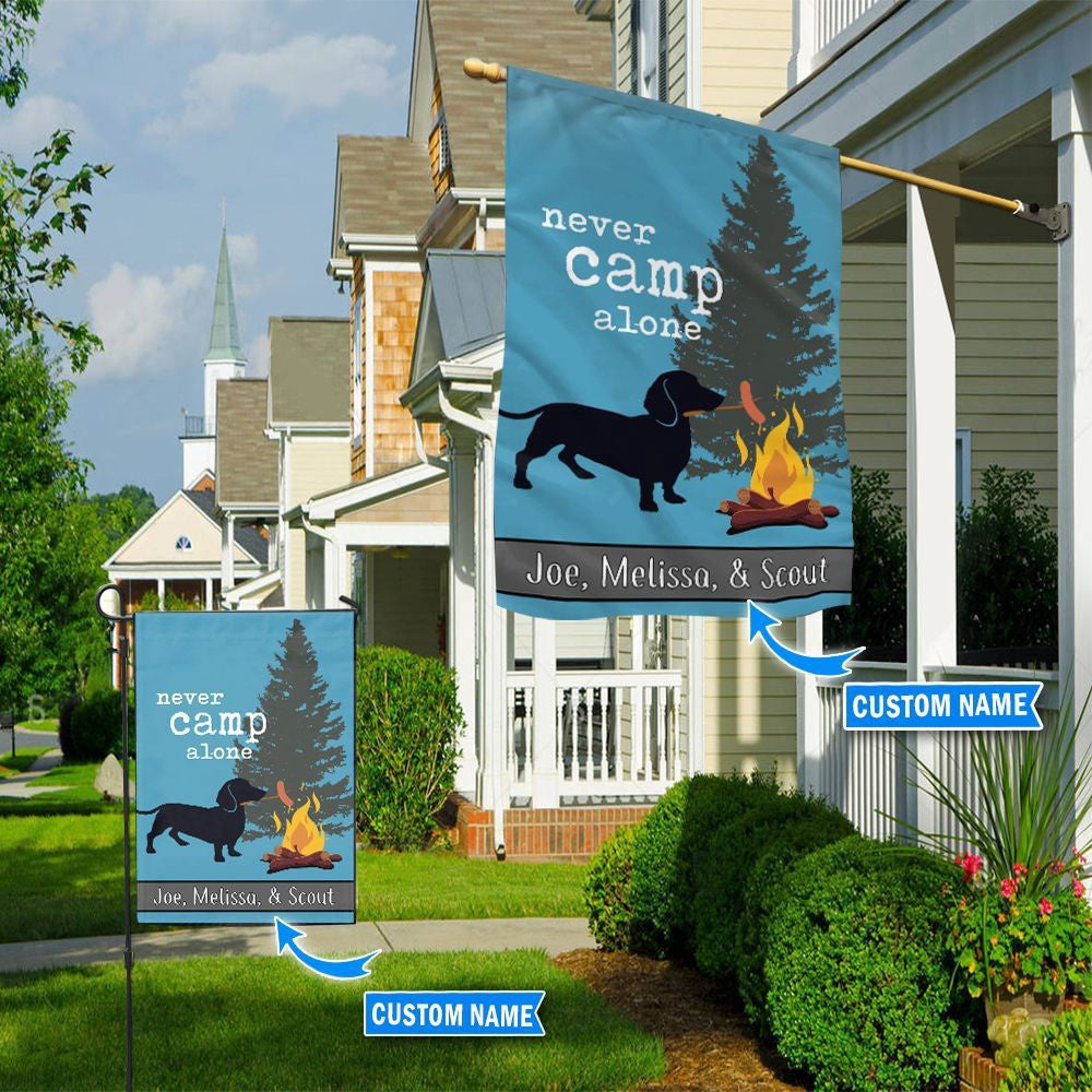 Personalized Dog Flags, Never Camp Alone-Dachshund Flag, Garden Flags Dogs, Dog House Flags