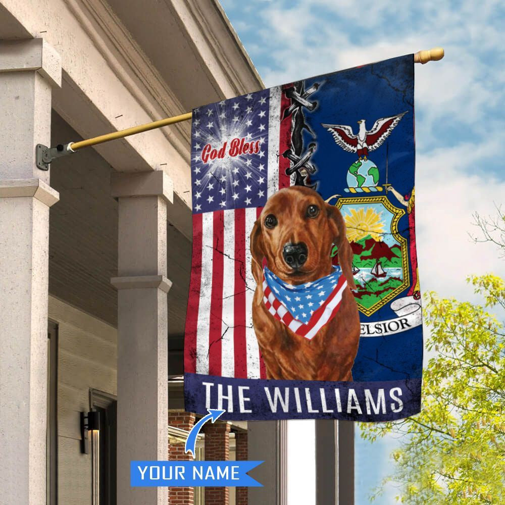 Personalized Dog Flags, New York Dachshund God Bless House Flag, Garden Flags Dogs, Dog House Flags
