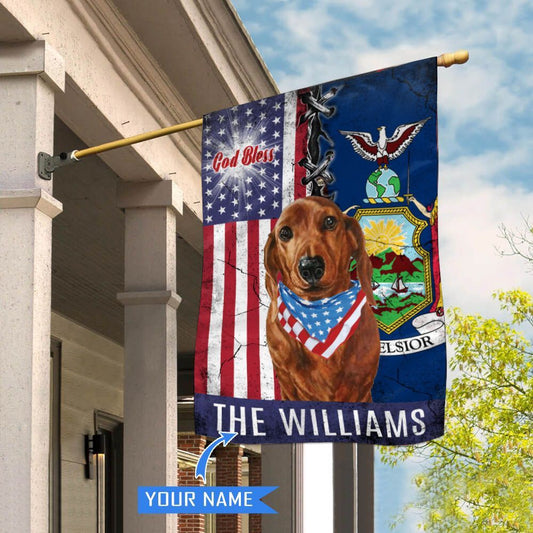 Personalized Dog Flags, New York Dachshund God Bless House Flag, Garden Flags Dogs, Dog House Flags