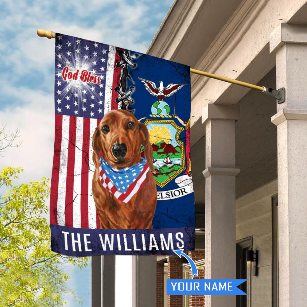 Personalized Dog Flags, New York Dachshund God Bless House Flag, Garden Flags Dogs, Dog House Flags