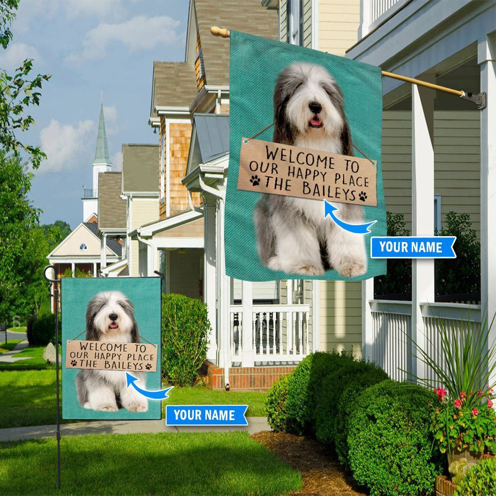 Personalized Dog Flags, Old English Sheepdog-Welcome To Our Happy Place Flag, Garden Flags Dogs, Dog House Flags