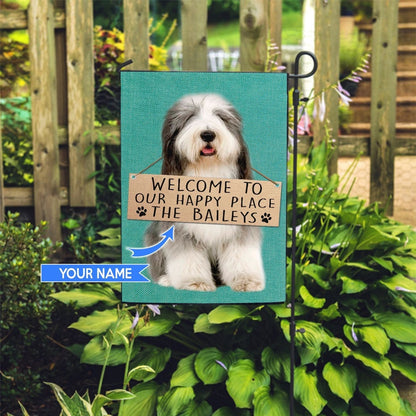 Personalized Dog Flags, Old English Sheepdog-Welcome To Our Happy Place Flag, Garden Flags Dogs, Dog House Flags