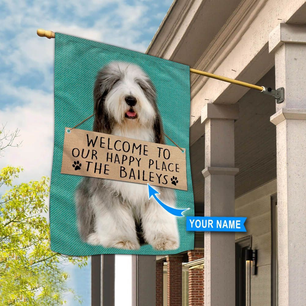 Personalized Dog Flags, Old English Sheepdog-Welcome To Our Happy Place Flag, Garden Flags Dogs, Dog House Flags