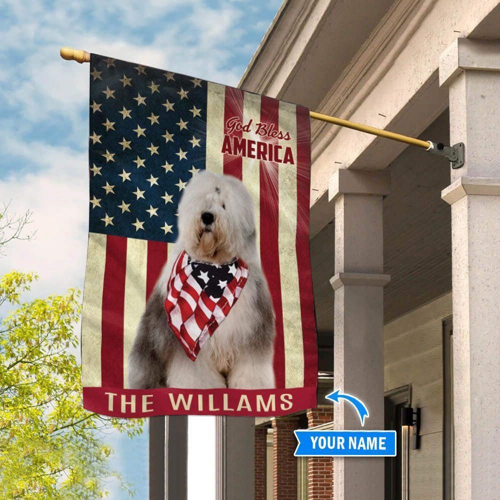 Personalized Dog Flags, Old English Sheepdog God Bless America Custom House Flag, Garden Flags Dogs, Dog House Flags