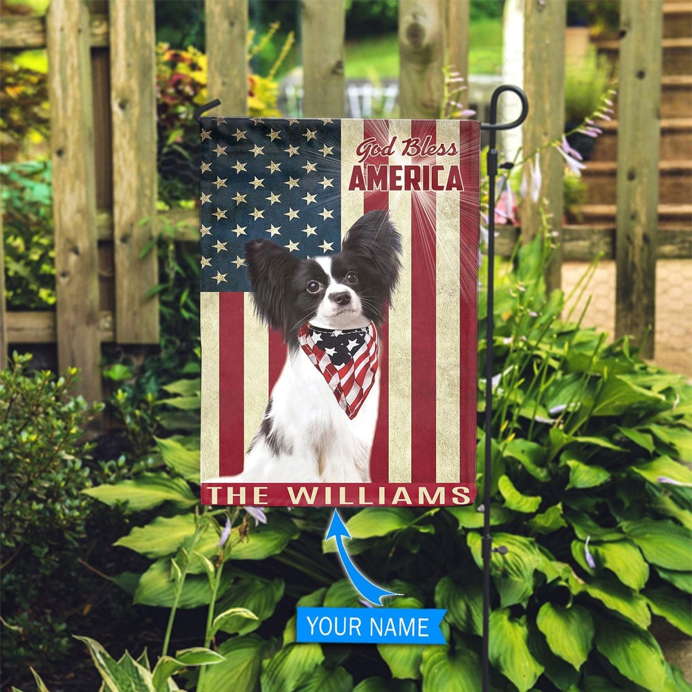 Personalized Dog Flags, Papillon God Bless America Flag, Garden Flags Dogs, Dog House Flags