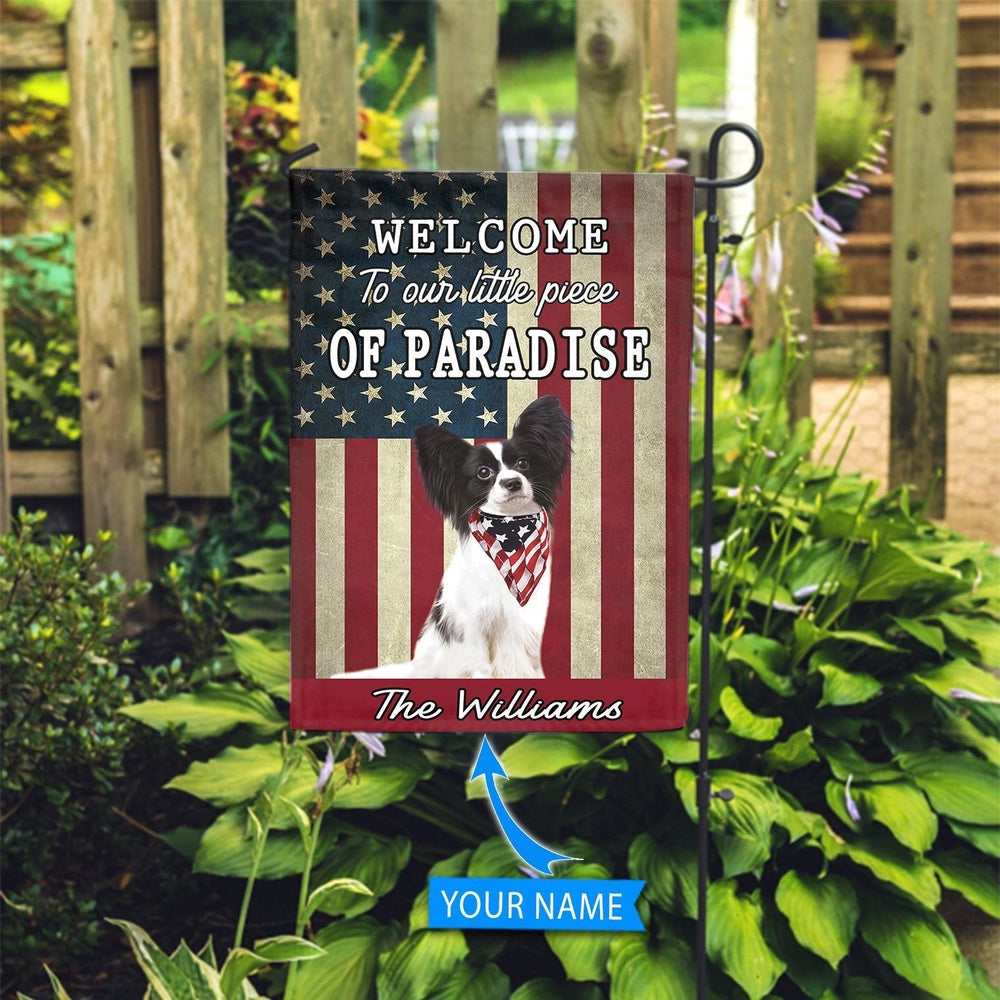 Personalized Dog Flags, Papillon Welcome To Our Paradise Flag, Dog Flags Outdoor, Garden Flags Dogs, Dog House Flags