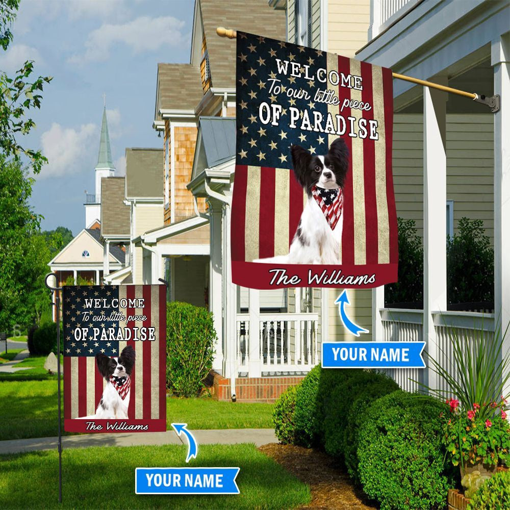 Personalized Dog Flags, Papillon Welcome To Our Paradise Flag, Dog Flags Outdoor, Garden Flags Dogs, Dog House Flags