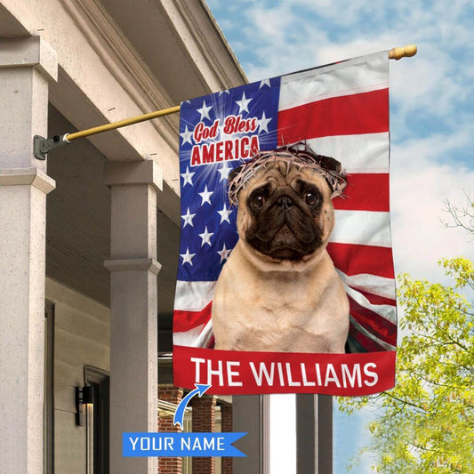 Personalized Dog Flags, Pug God Bless America House Flag, Garden Flags Dogs, Dog House Flags