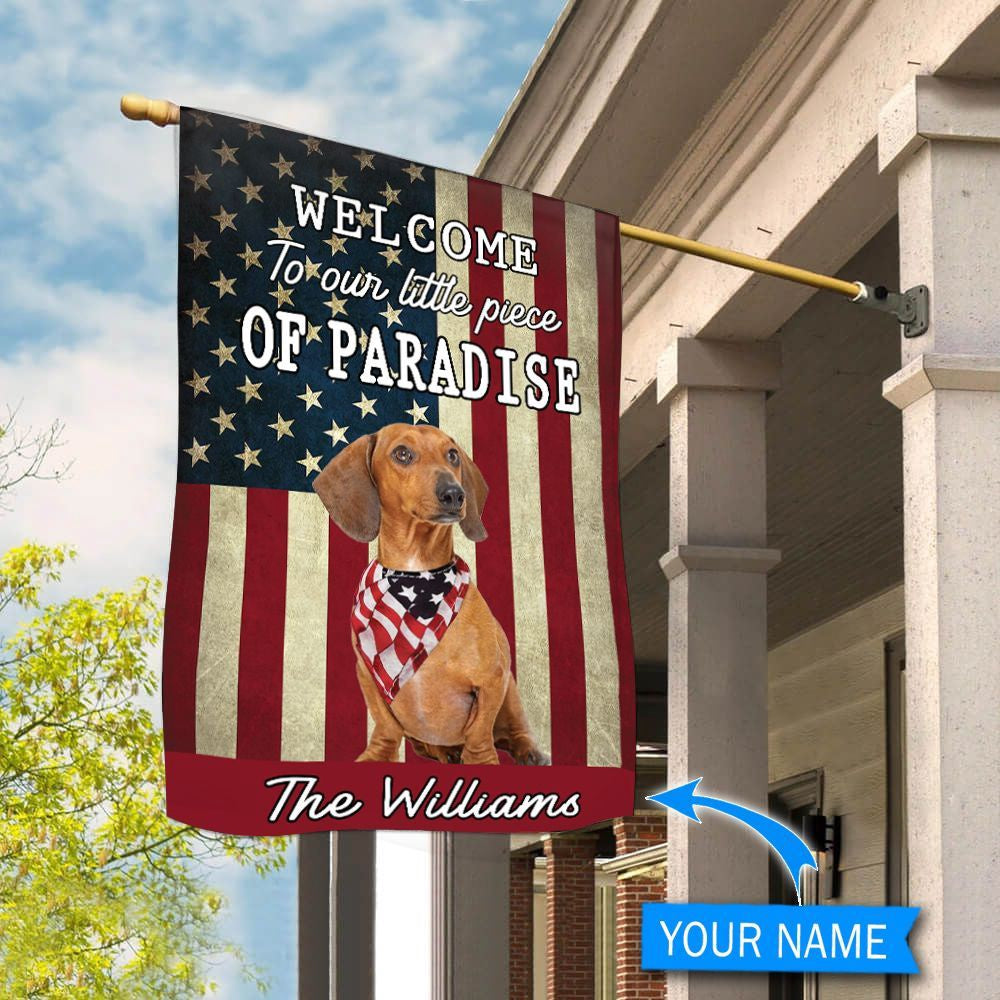 Personalized Dog Flags, Red Dachshund Welcome To Our Paradise Flag, Dog Flags Outdoor, Garden Flags Dogs, Dog House Flags