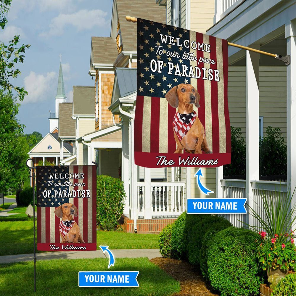 Personalized Dog Flags, Red Dachshund Welcome To Our Paradise Flag, Dog Flags Outdoor, Garden Flags Dogs, Dog House Flags