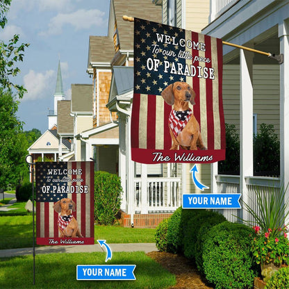 Personalized Dog Flags, Red Dachshund Welcome To Our Paradise Flag, Dog Flags Outdoor, Garden Flags Dogs, Dog House Flags