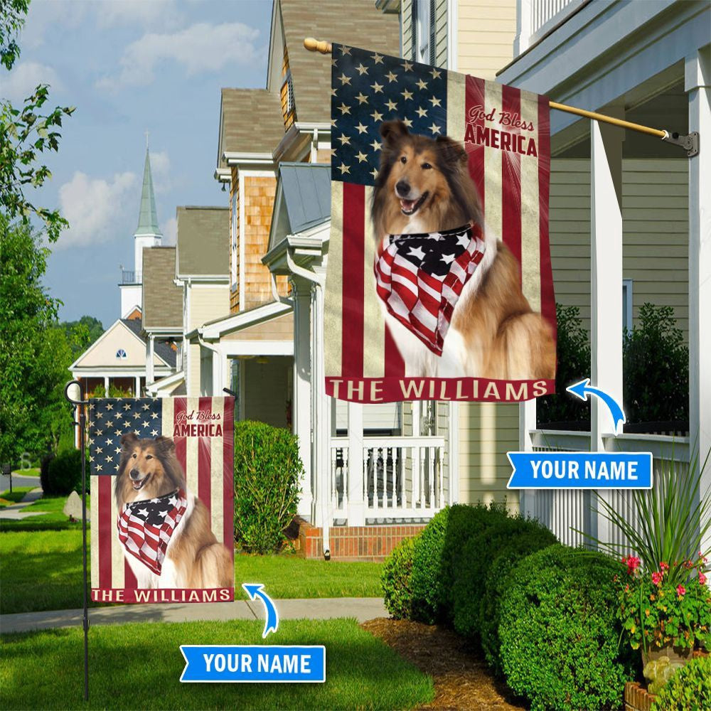 Personalized Dog Flags, Rough Collie God Bless America Flag, Garden Flags Dogs, Dog House Flags