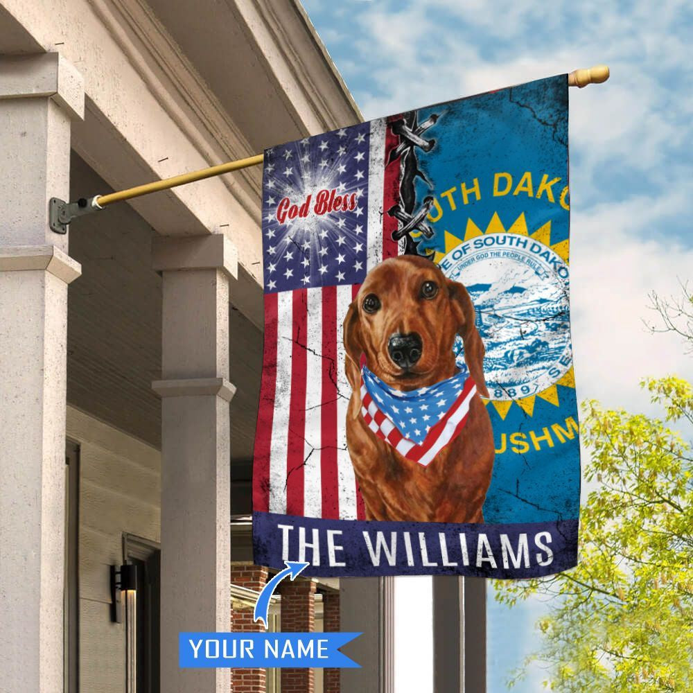 Personalized Dog Flags, South Dakota Dachshund God Bless House Flag, Garden Flags Dogs, Dog House Flags
