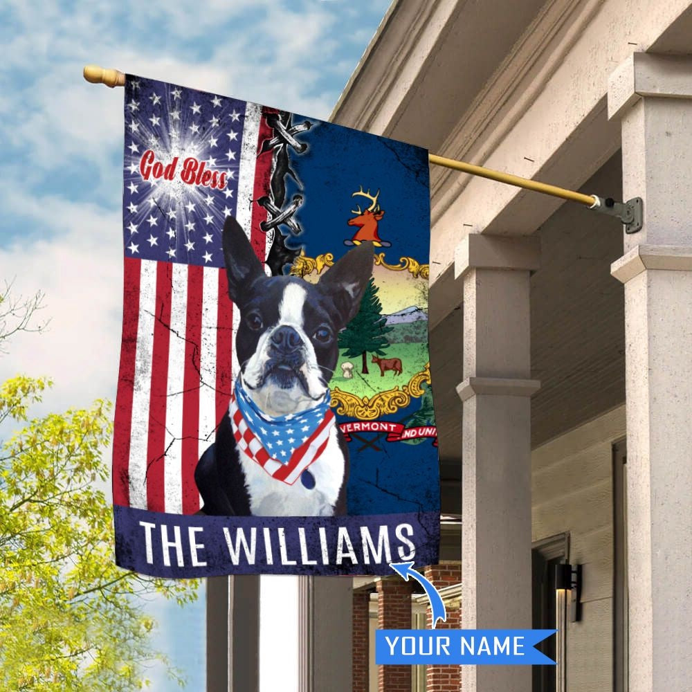 Personalized Dog Flags, Vermont Boston Terrier God Bless House Flag, Garden Flags Dogs, Dog House Flags