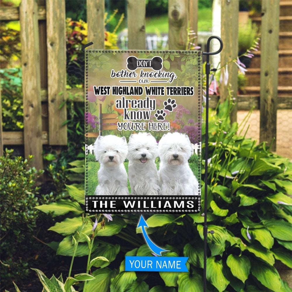 Personalized Dog Flags, West Highland White Terrier Don't Bother Knocking Dog Garden Flags, Garden Flags Dogs, Dog House Flags
