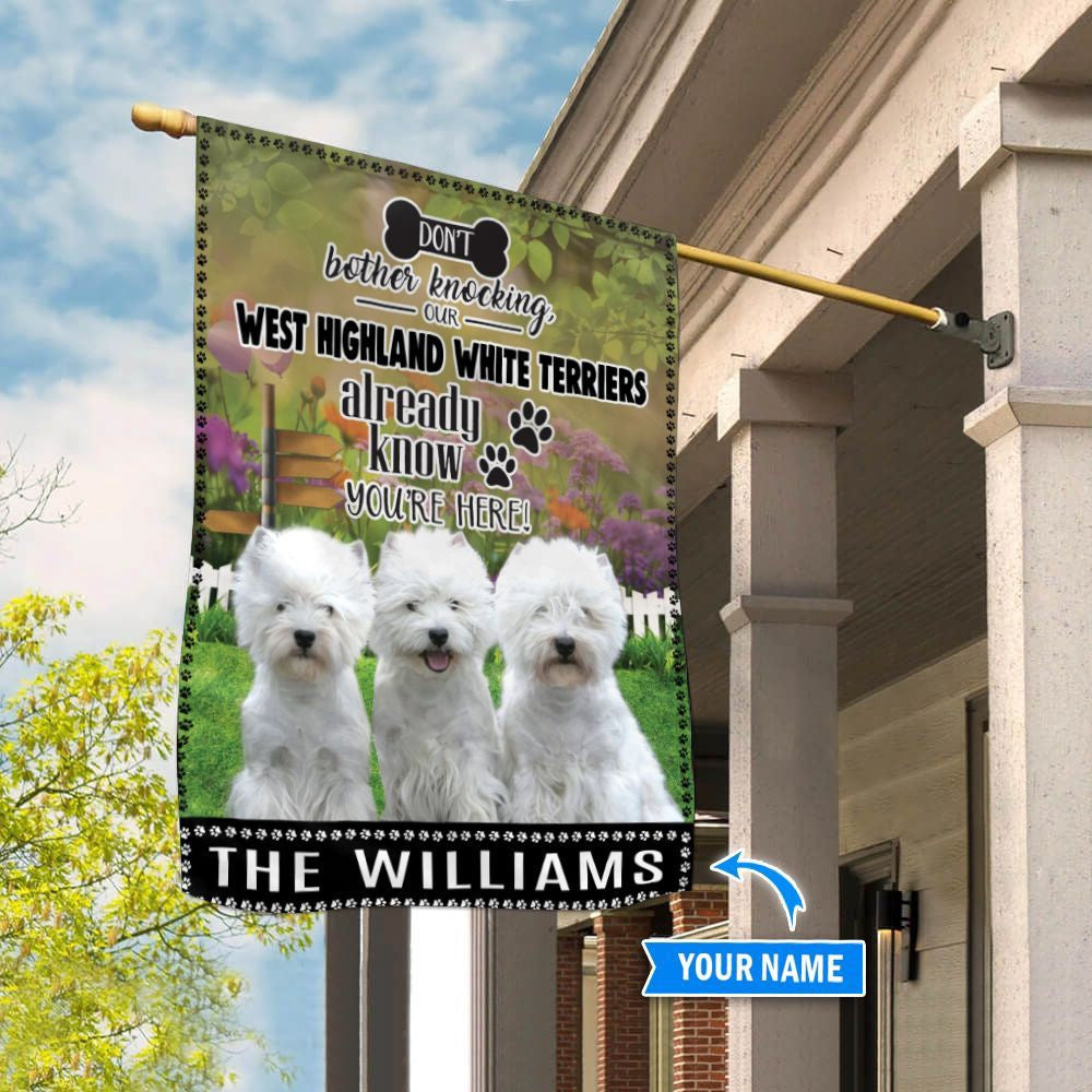 Personalized Dog Flags, West Highland White Terrier Don't Bother Knocking Dog Garden Flags, Garden Flags Dogs, Dog House Flags