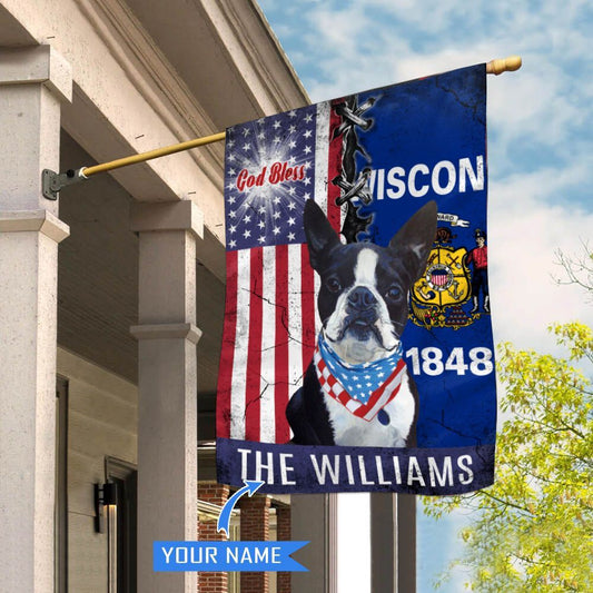 Personalized Dog Flags, Wisconsin Boston Terrier God Bless House Flag, Garden Flags Dogs, Dog House Flags