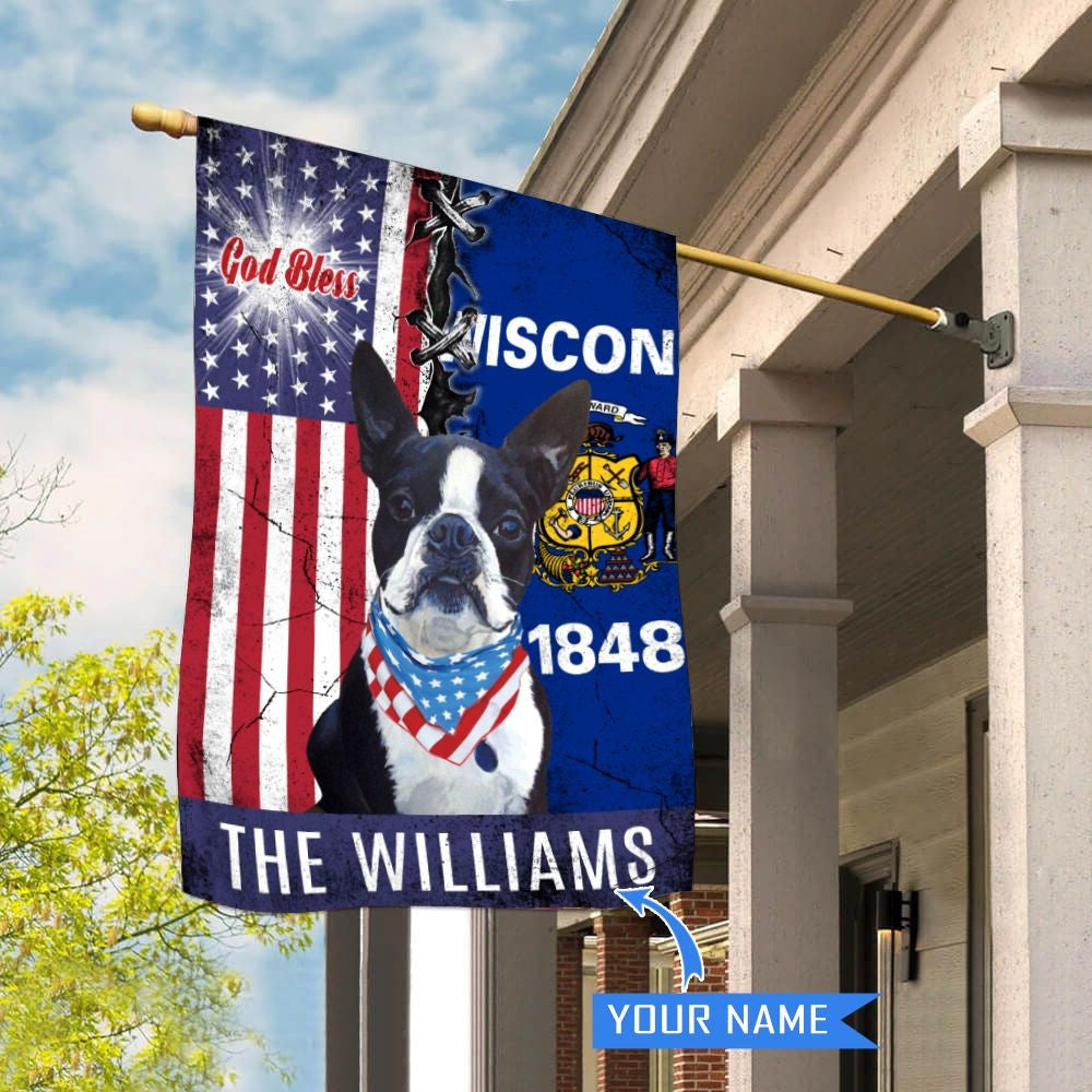 Personalized Dog Flags, Wisconsin Boston Terrier God Bless House Flag, Garden Flags Dogs, Dog House Flags