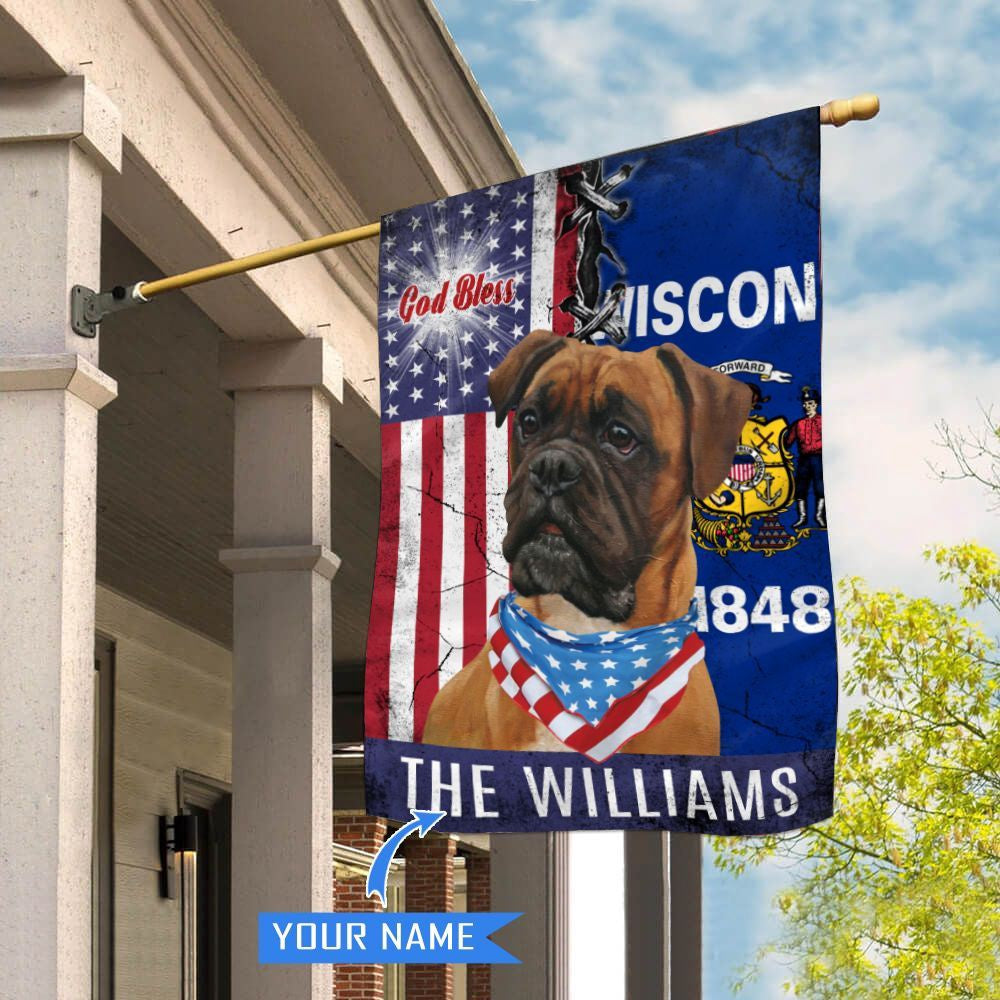Personalized Dog Flags, Wisconsin Boxer Dog God Bless House Flag, Garden Flags Dogs, Dog House Flags