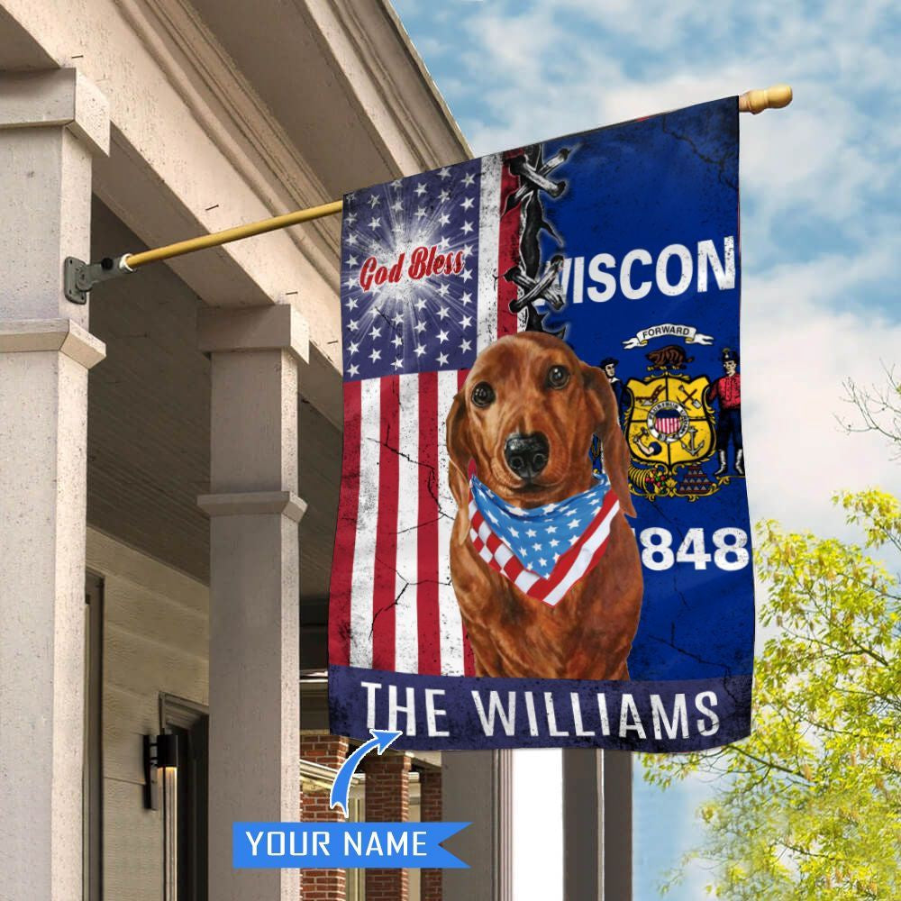 Personalized Dog Flags, Wisconsin Dachshund God Bless House Flag, Garden Flags Dogs, Dog House Flags