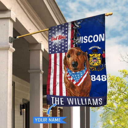 Personalized Dog Flags, Wisconsin Dachshund God Bless House Flag, Garden Flags Dogs, Dog House Flags