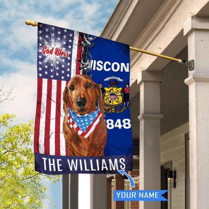 Personalized Dog Flags, Wisconsin Dachshund God Bless House Flag, Garden Flags Dogs, Dog House Flags