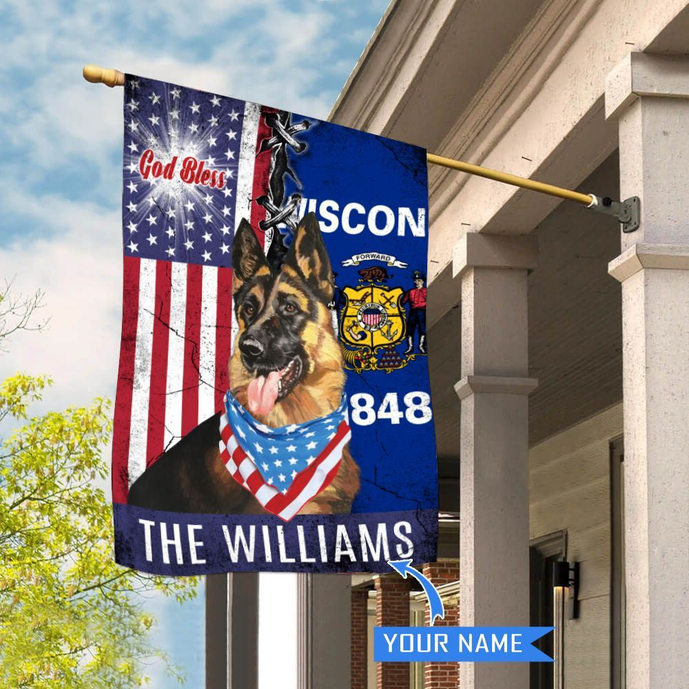 Personalized Dog Flags, Wisconsin German Shepherd God Bless House Flag, Garden Flags Dogs, Dog House Flags