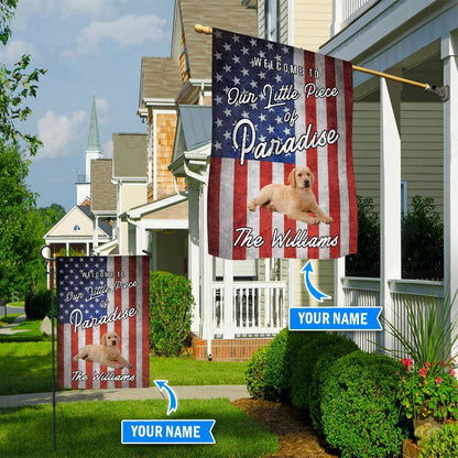 Personalized Dog Flags, Yellow Labrador Retriever Welcome To Our Paradise Dog Garden Flags, Garden Flags Dogs, Dog House Flags