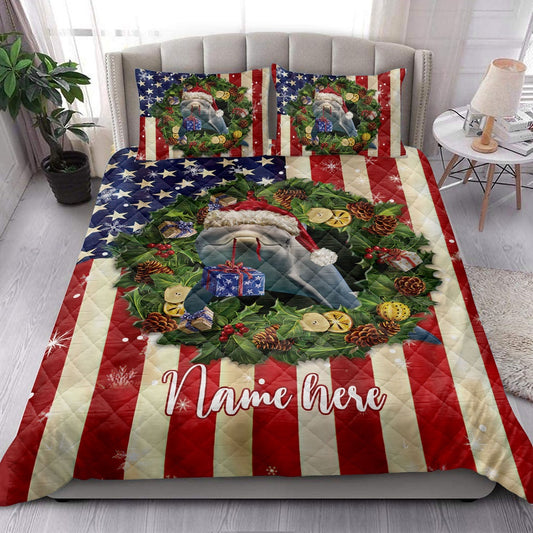 Personalized Dolphin Quilt Set, Dolphin Wearingmas Hat Wreath Quilt Blanket