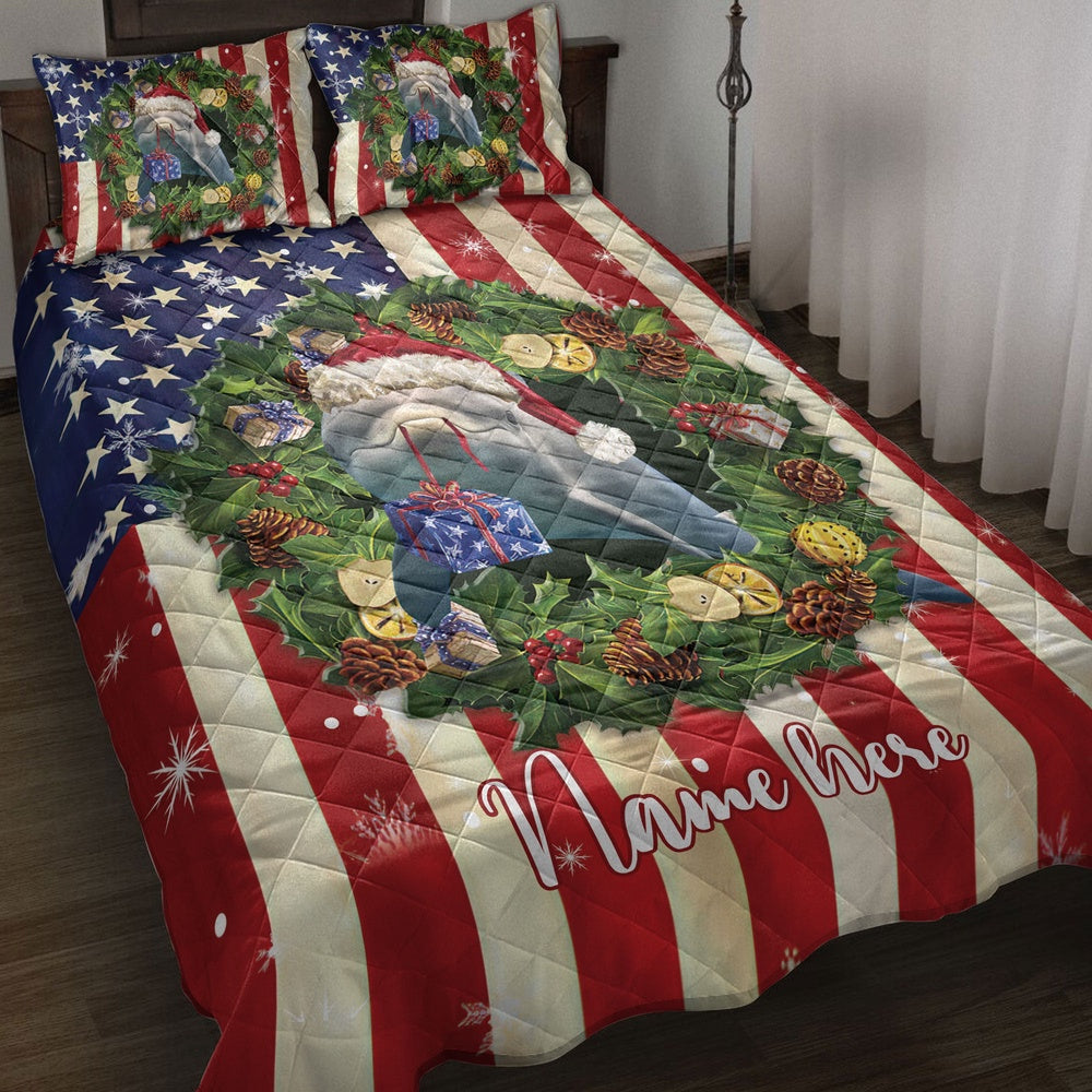 Personalized Dolphin Quilt Set, Dolphin Wearingmas Hat Wreath Quilt Blanket