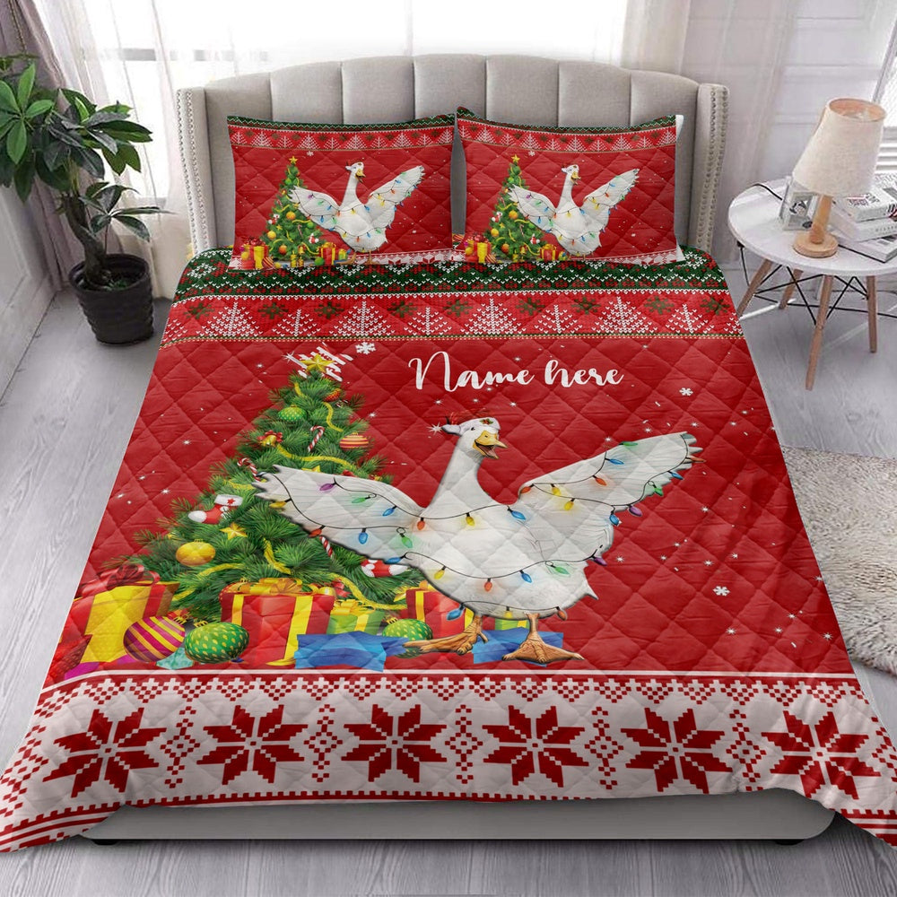 Personalized Duck Quilt Set, Duck Farmmas Tree String Light Quilt Blanket