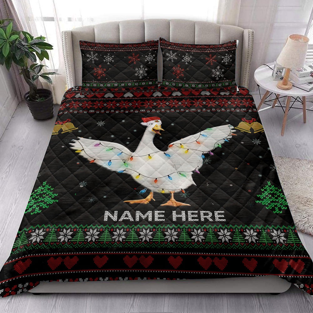 Personalized Duck Quilt Set, Duckmas Hat String Lights Quilt Blanket