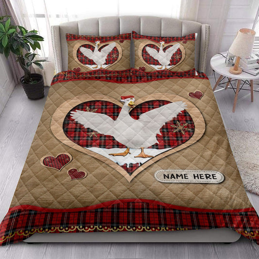 Personalized Duck Quilt Set, Duckmas Heart Red Plaid Quilt Blanket