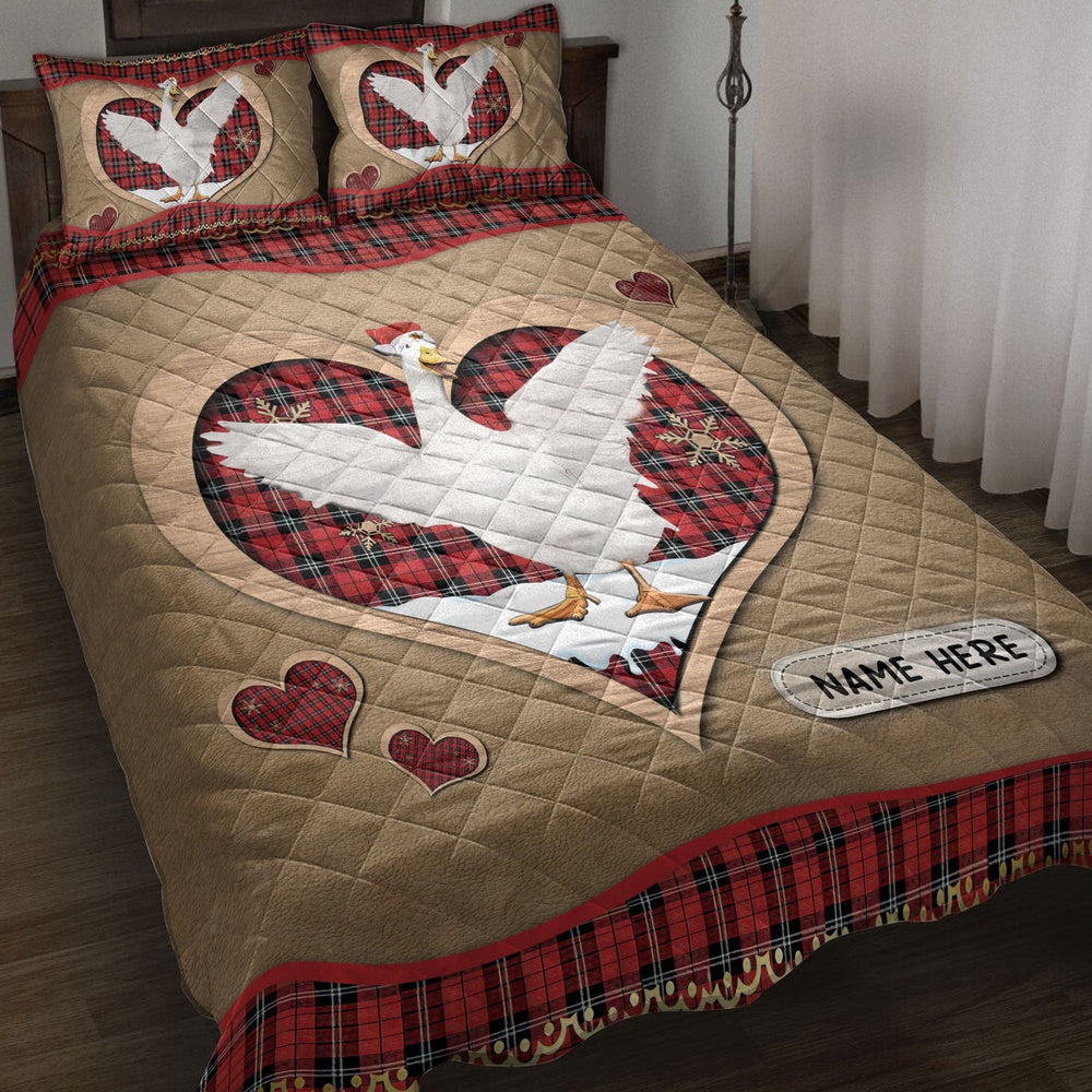 Personalized Duck Quilt Set, Duckmas Heart Red Plaid Quilt Blanket