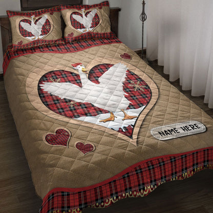 Personalized Duck Quilt Set, Duckmas Heart Red Plaid Quilt Blanket