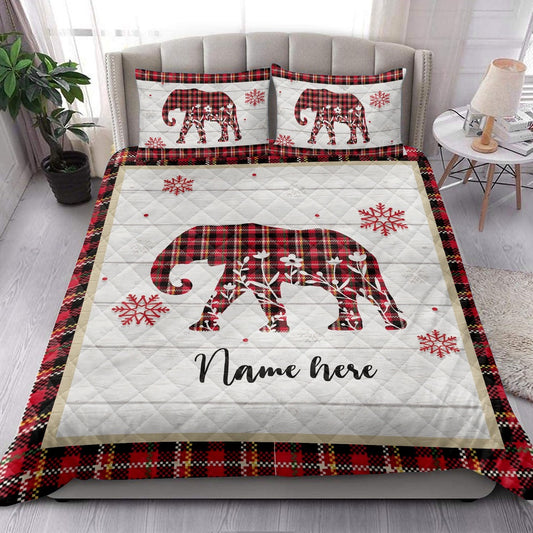 Personalized Elephant Quilt Set, Christmas Elephant Snowflake Red Plaid Quilt Blanket