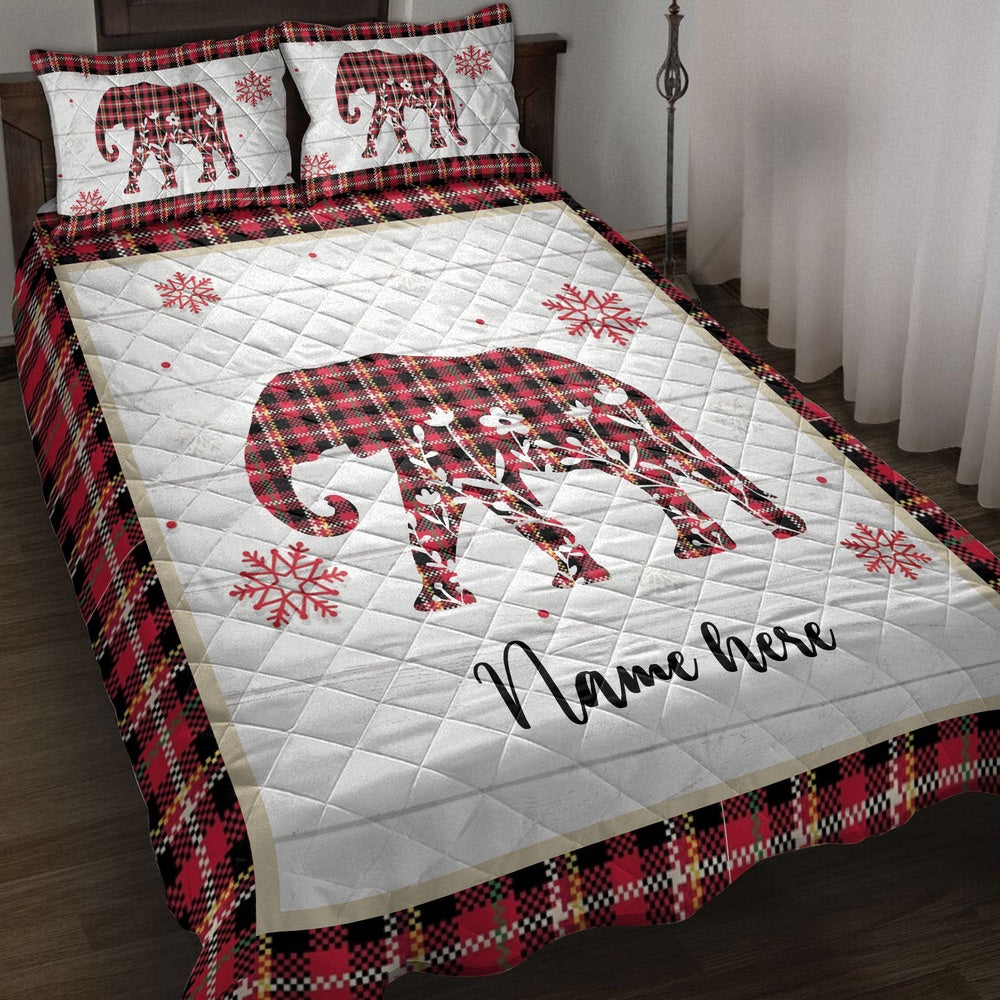 Personalized Elephant Quilt Set, Christmas Elephant Snowflake Red Plaid Quilt Blanket
