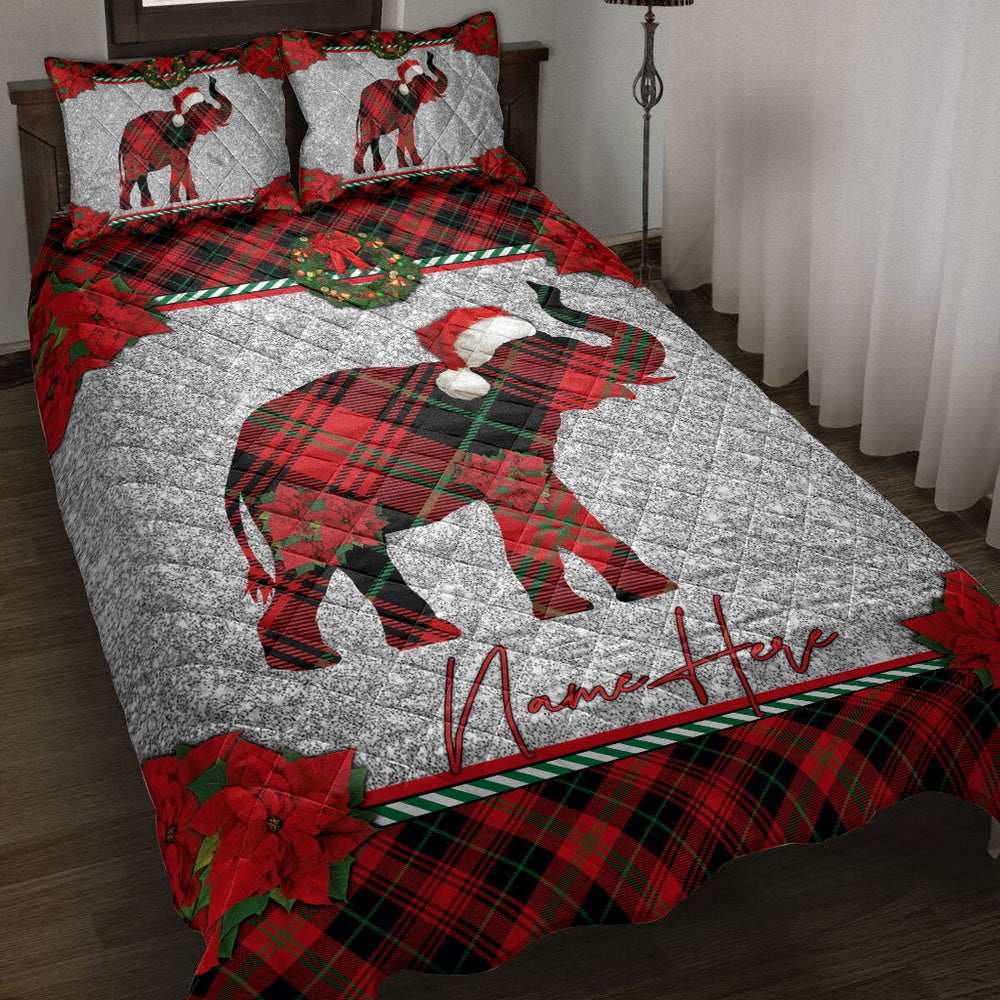 Personalized Elephant Quilt Set, Christmas Red Plaid Elephant Santa Hat Xmas Quilt Blanket