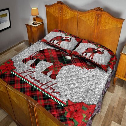 Personalized Elephant Quilt Set, Christmas Red Plaid Elephant Santa Hat Xmas Quilt Blanket