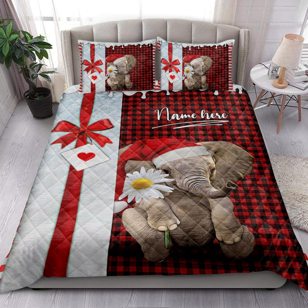 Personalized Elephant Quilt Set, Elephant Santa Hat Withmas Letter Quilt Blanket